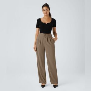 NWT Halara Flex High Waisted Straight Leg Work Pants Brown Zip Fly M Regular